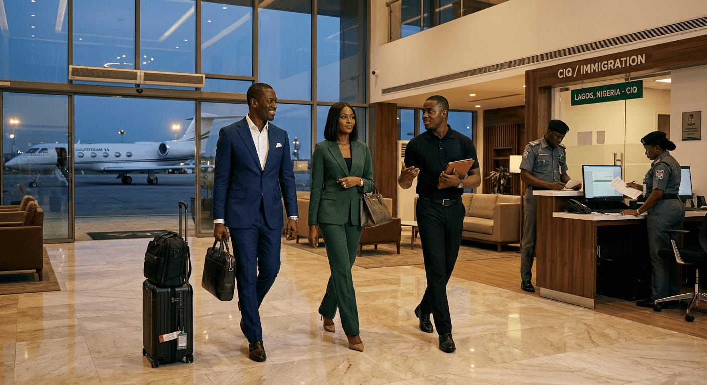 Three travellers walking through an FBO lounge past a CIQ and immigration desk signed for Lagos, Nigeria, with a business jet on the ramp beyond the glass.