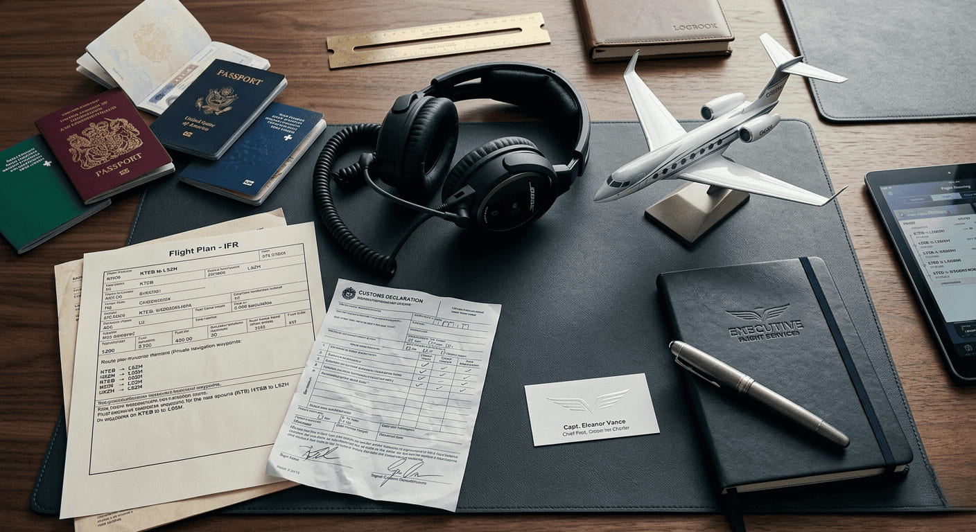 Passports from several countries laid out on a desk beside a filed IFR flight plan, a completed customs declaration and a pilot’s headset.