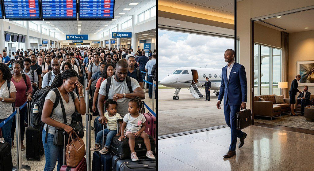 A split image contrasting a crowded commercial terminal security queue on the left with an executive walking from a private jet into an FBO lounge on the right.