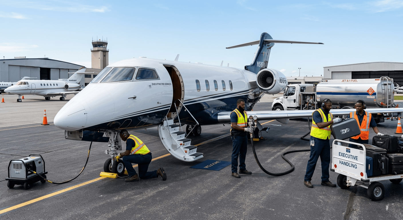 Ground crew in high-visibility vests refuelling a business jet on an FBO ramp while baggage is loaded onto a handling cart.